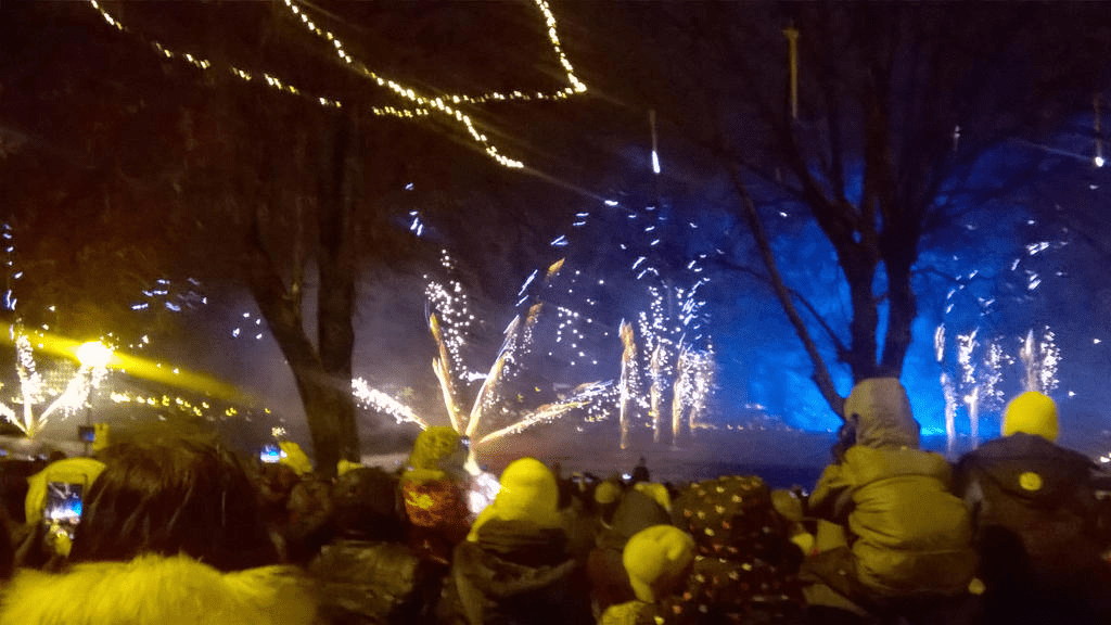 Bright sparks shooting up from the ground