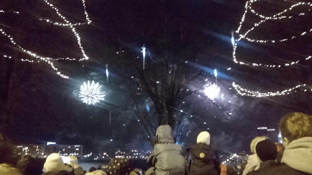 Bright lights in the sky from popping fireworks