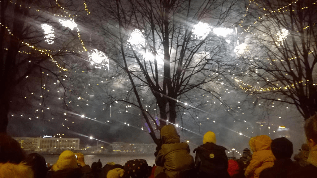 Clusters of fireworks popping with bright lights