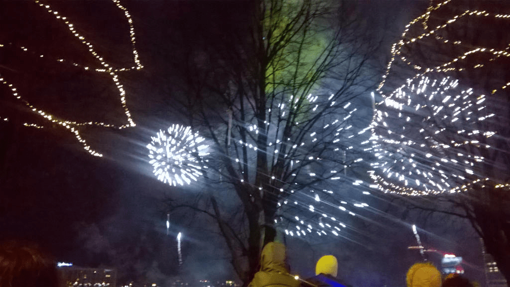 Bright clusters of fireworks light up the sky