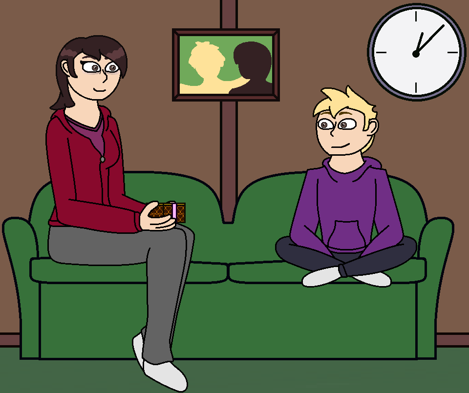 MS Paint drawing of Persona 5s Ryuji, wearing his purple hoodie and black sweatpants, is sitting on the right side of a green couch, in a room with a lighter green carpet and brown walls with brown dividers on the wall, with a framed photo with silhouettes in yellow and brown with a green background, with a analog clock showing about 10 passed 12.
On the left side is a taller, older woman with short brown hair, brown eyes and sleep-deprived shadows under her eyes, wearing a red hoodie and grey pants, holding onto a small box with a pink ribbon.
They smile at each other.