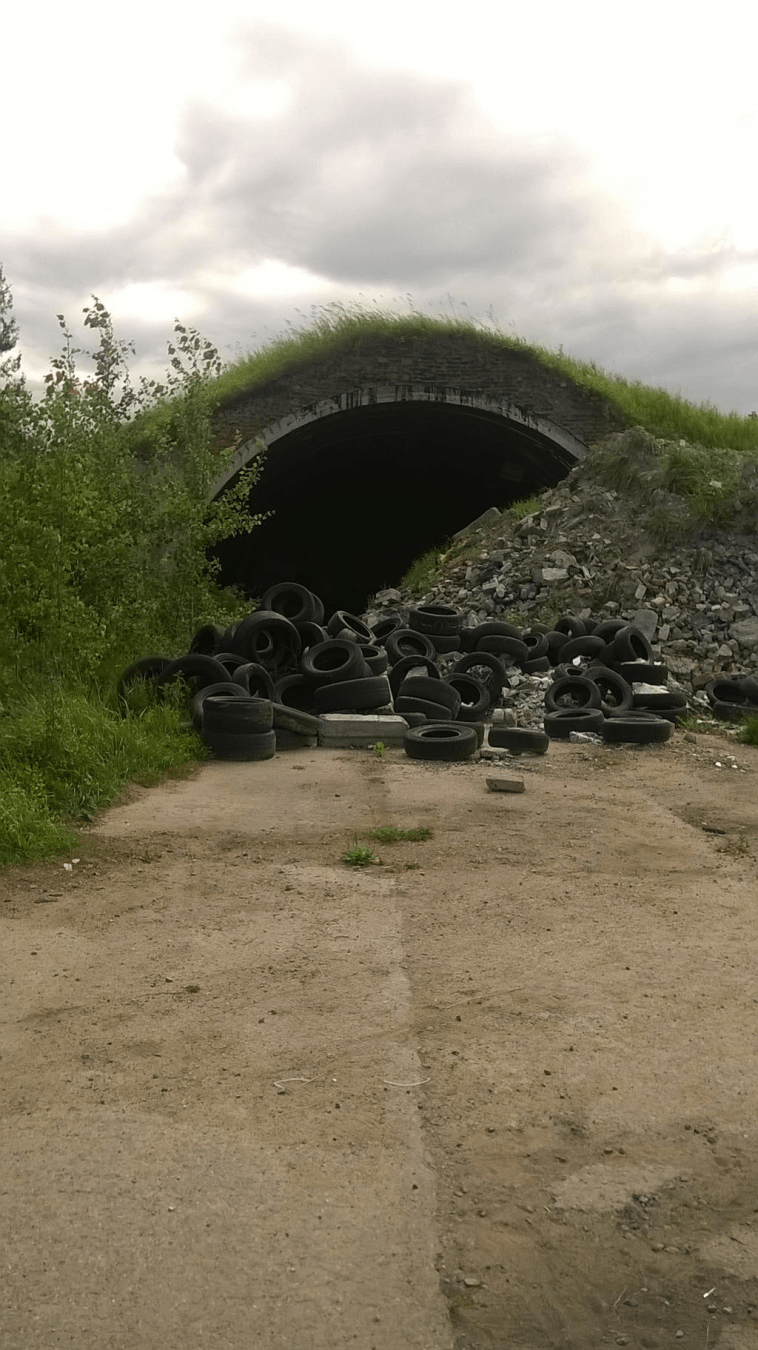 Overgrown old hanger, with a pile of rocks off to the right and a pile of tires in front