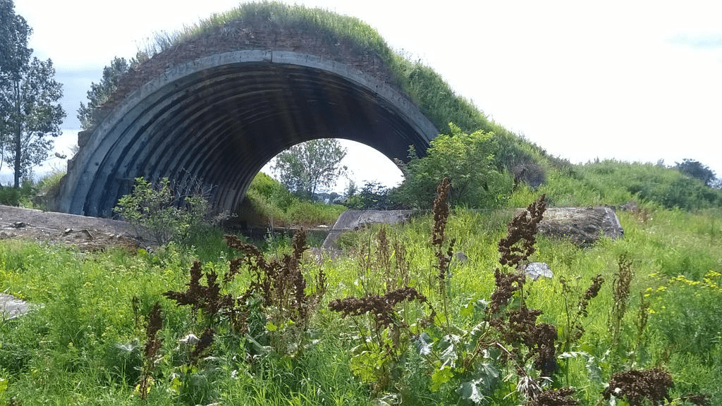 Overgrown old hanger, with blocks and rocks littered around it in the lush grass
