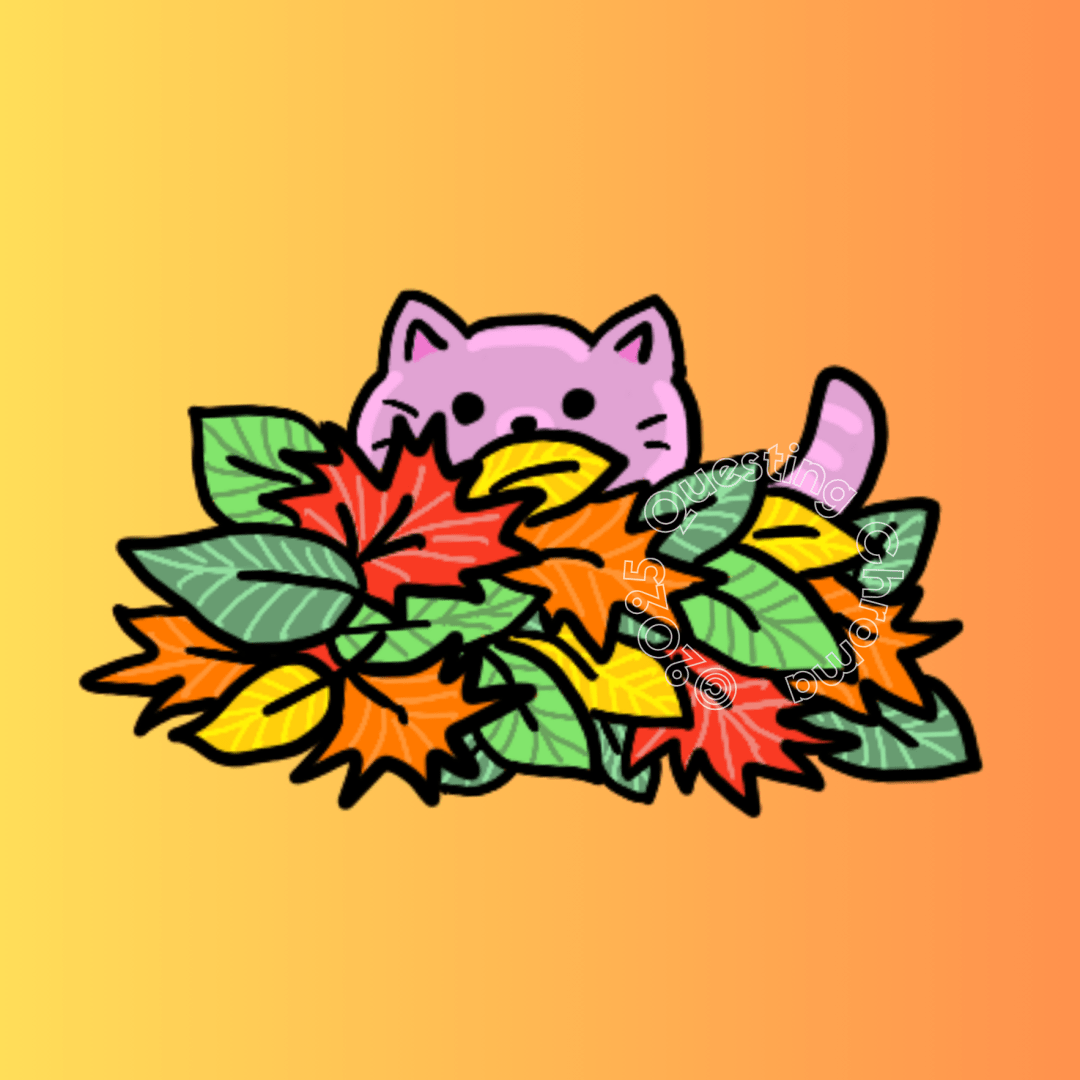 A cat illustration showing the kitten hiding in a pile of Autumn leaves.