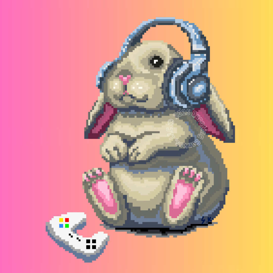 Pixel bunny gamer wearing headphones and a gaming controller in front of it.