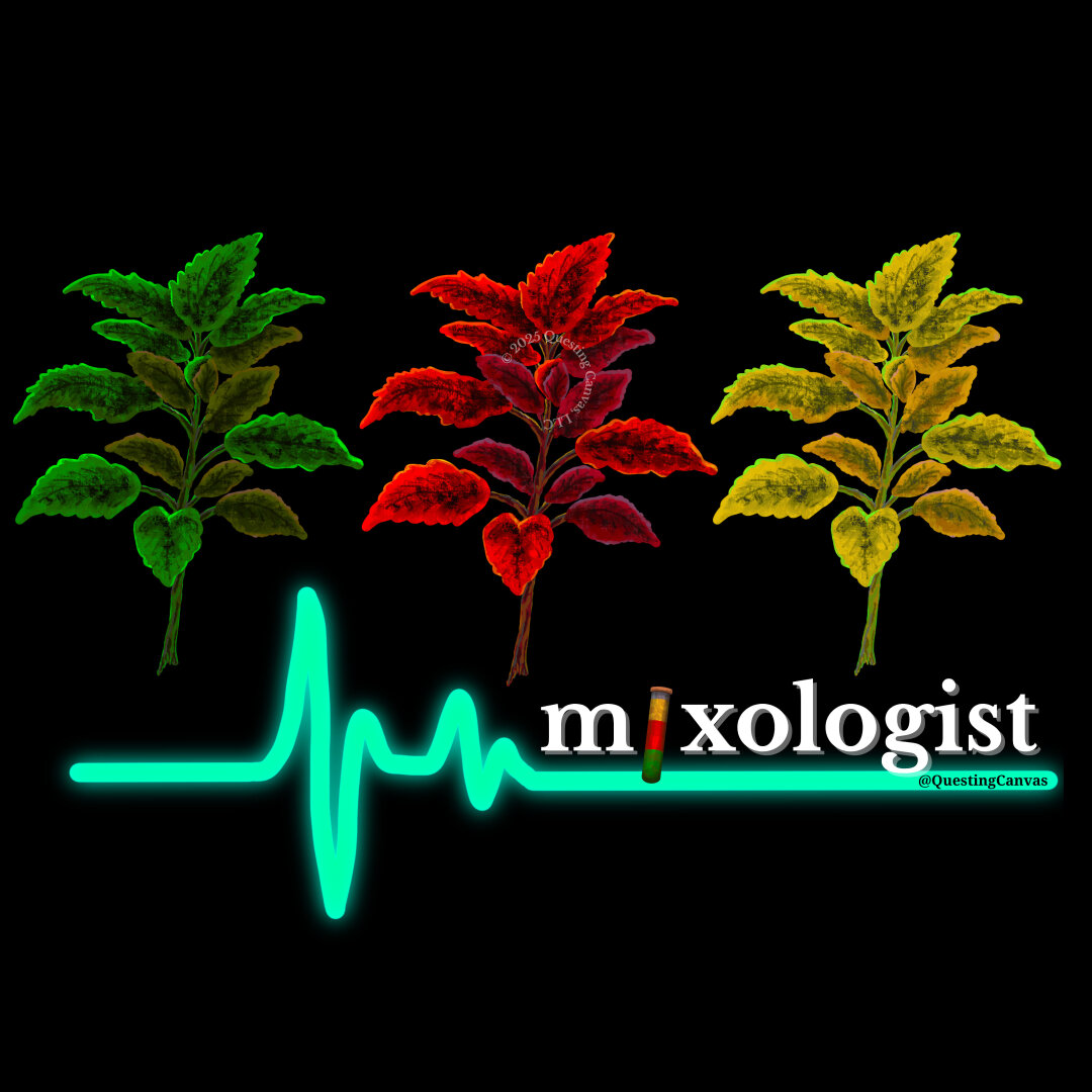 A green herb, red herb, and yellow herb next to each other. Underneath them the caption reads: "Mixologist" with a test tube replacing the first letter "i" of the word.