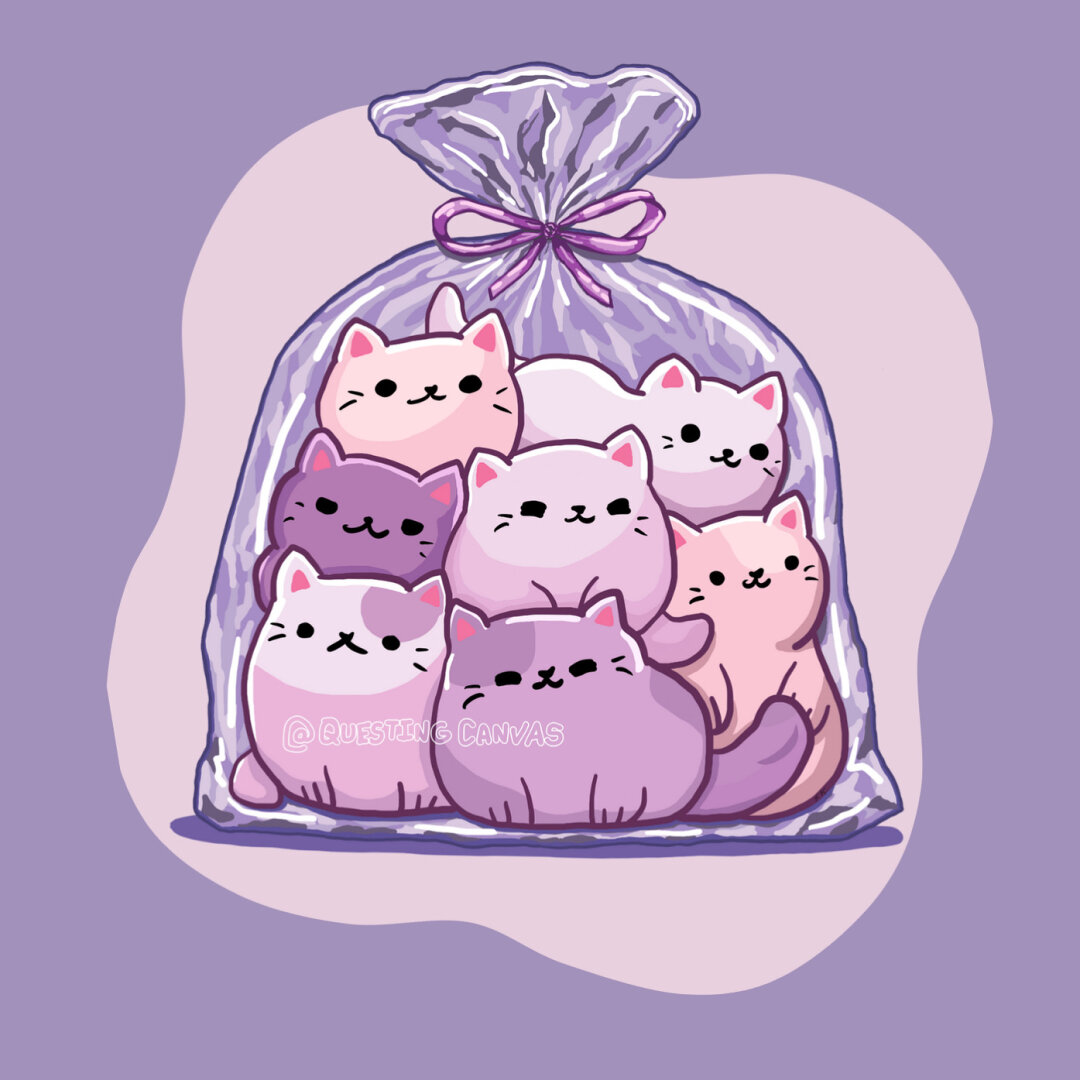 Cats inside a bag with a purple ribbon at the top.