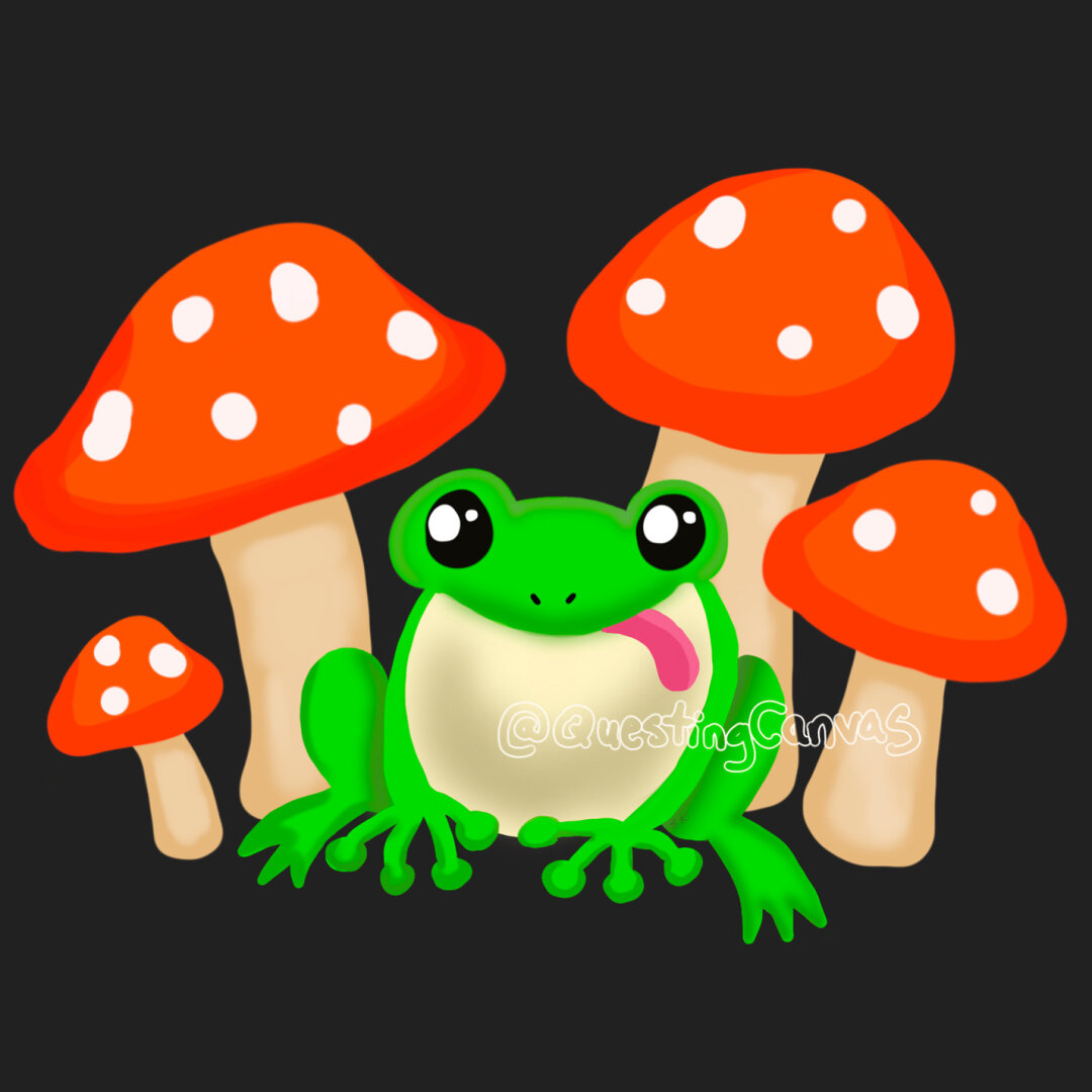 A hand-drawn frog illustration with mushrooms in the background.