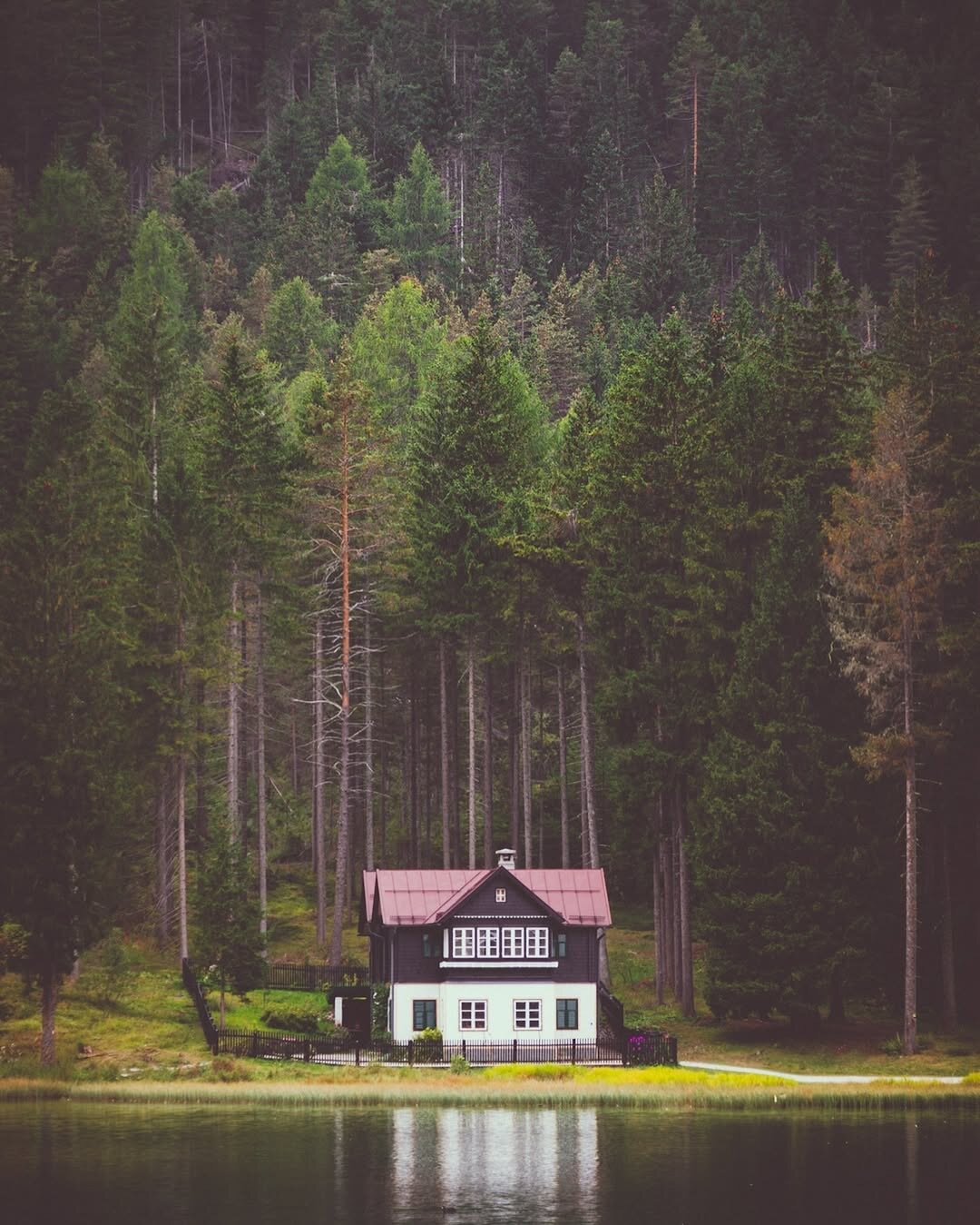 White lakeside house with dark trim and red-tiled roof nestled among tall conifer trees at Lago di Dobbiaco in the Italian Dolomites, its reflection visible in the calm, emerald-green water.