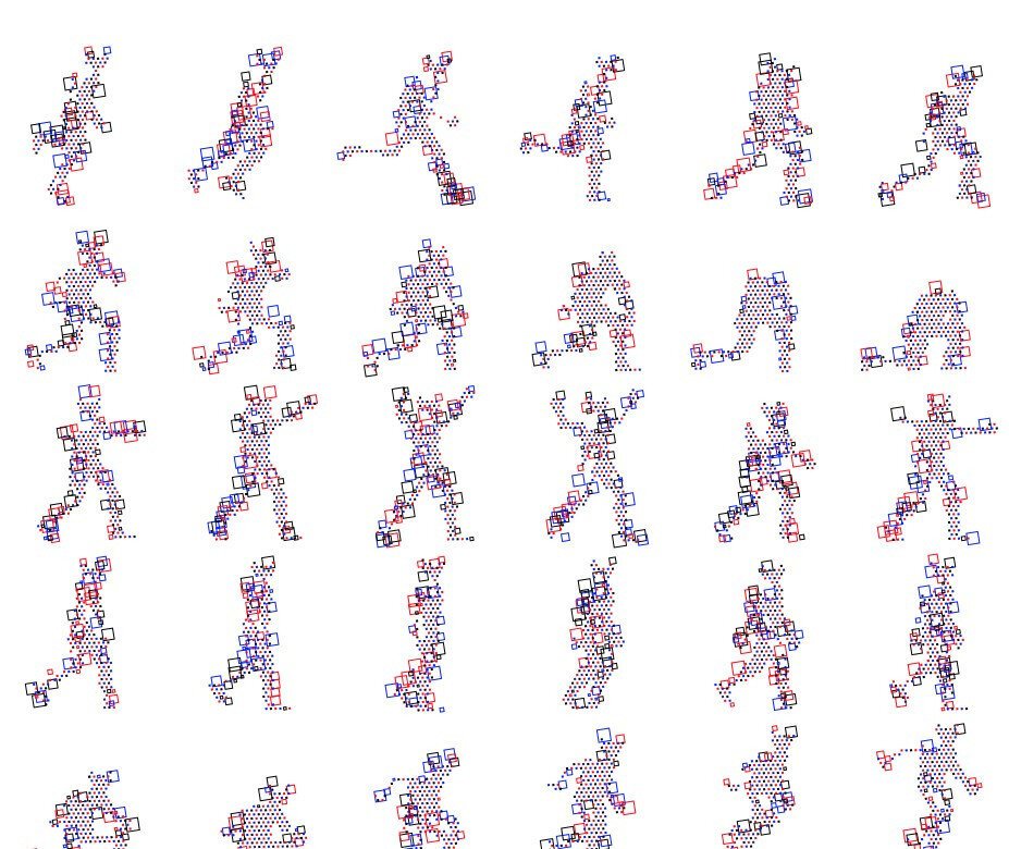 Several states of a human figure movement in sequence, filtered with a 3 colors halftone effect