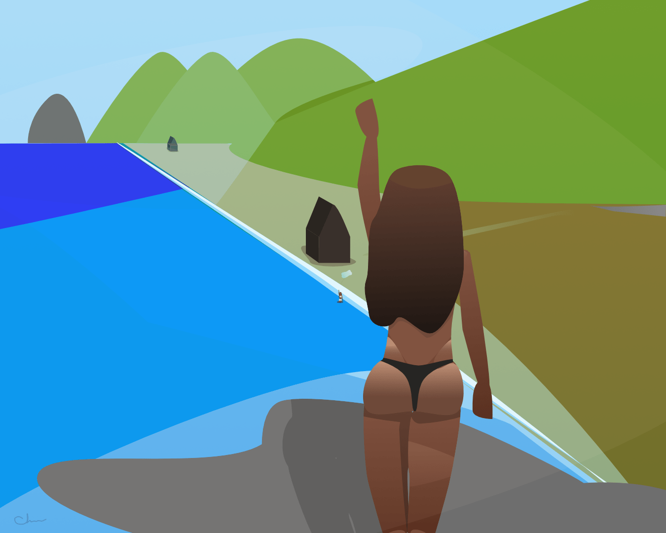 A woman stands on a high cliff overlooking a bright blue ocean and a long sandy beach below. She raises one arm as if greeting someone far below. A small beachfront hut sits near the shoreline, with a single figure in the water and another tiny hut in the distance. Misty overlays soften the mountains in the background, giving the scene a dreamy, elevated feel.