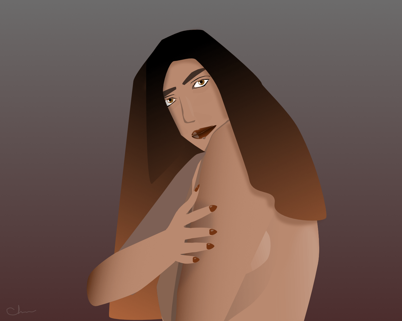 Stylized digital illustration of a woman with long dark brown hair and warm brown skin, shown from the shoulders up against a soft gray-to-burgundy gradient background. Her head tilts gently to one side, eyes half-lidded and looking upward. One hand rests lightly across her chest, with dark brown nails and matching lip color. The lighting is soft and warm, emphasizing a calm, intimate mood.