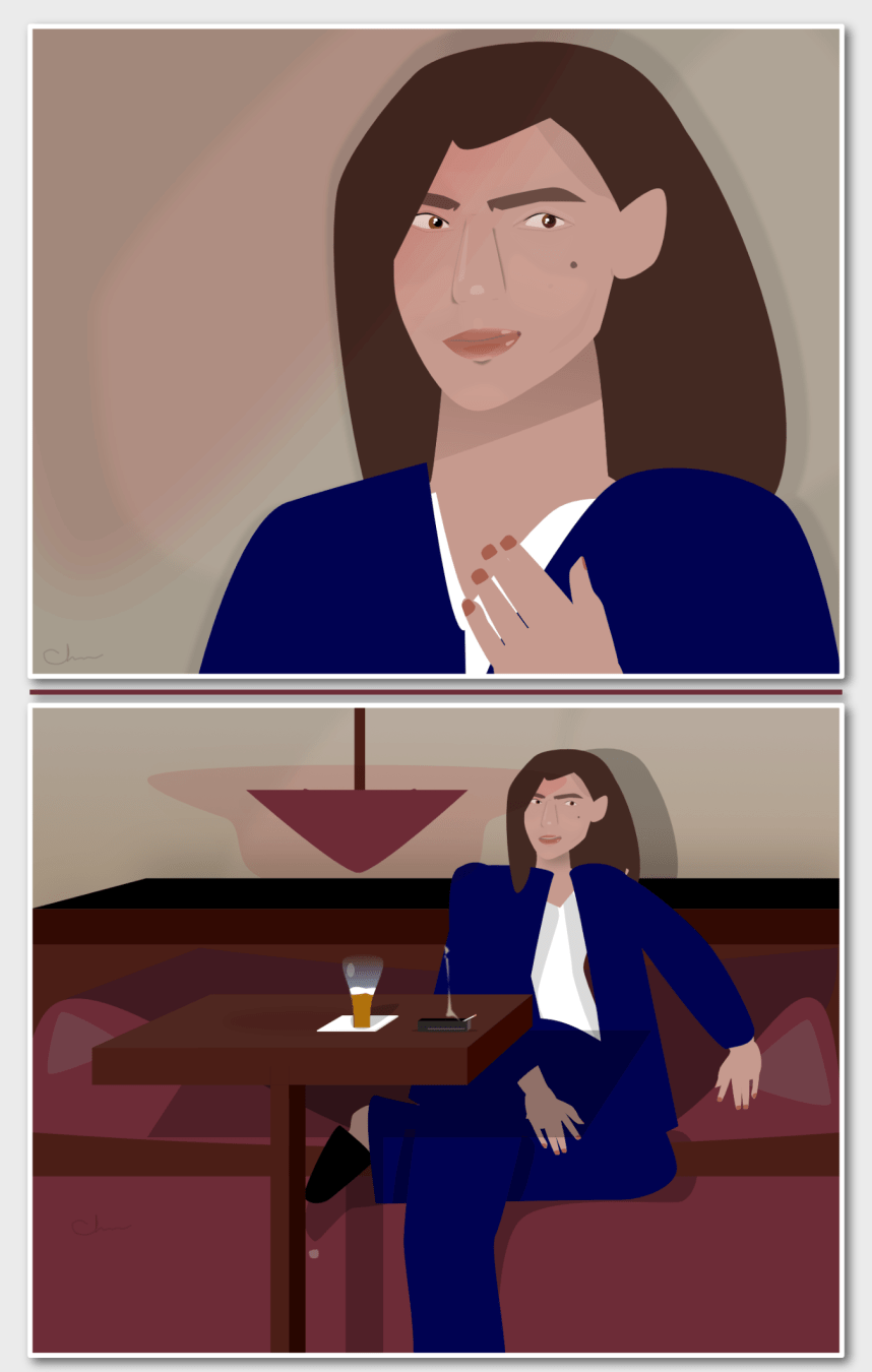 A two-panel diptych illustration of a woman in a dim lounge.
Top panel: A close-up portrait of a woman with long dark hair, soft lighting across her face, and warm blush tones from a lamp just outside the frame. She wears a deep navy blazer with a white shirt, one hand lifted near her collarbone as if mid-gesture. The background is a muted beige gradient with subtle soft shadows.
Bottom panel: A wider scene showing the same woman lounging sideways in a red-maroon booth. She sits casually on her left leg with her right leg crossed over, one shoe half-slipped off her heel. She rests her right arm along the back of the booth and her left hand across her lap. A small wooden table sits in front of her with a beer glass on a napkin, a cigarette resting in an ashtray, and her phone beside it. Overhead, a warm red art-deco lamp casts soft ambient light across the booth. The mood is quiet, stylish, and cinematic—like the beginning of a nighttime scene.