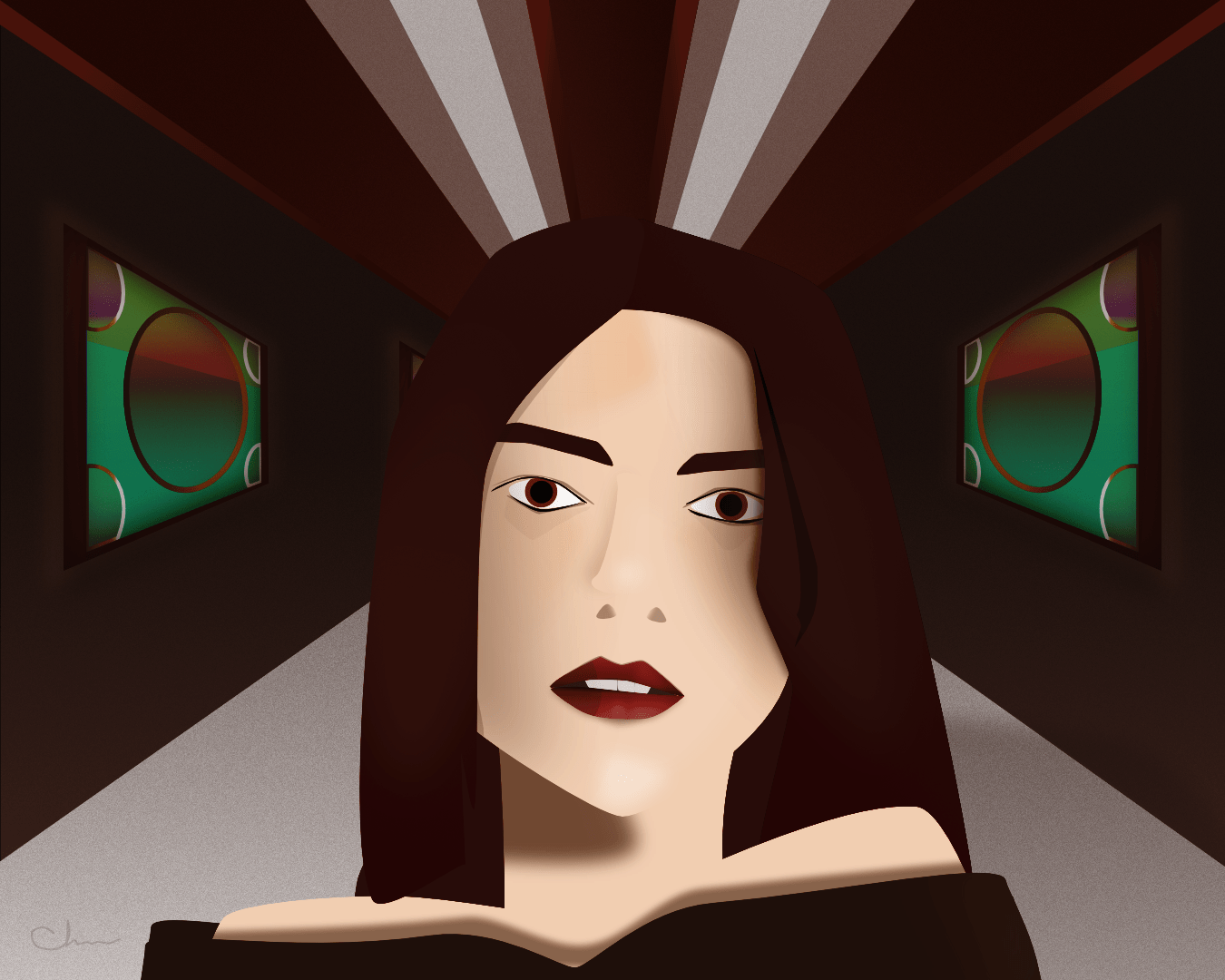A digital illustration of a woman standing at the center of a dark, modern hallway lined with glowing stained-glass panels. Her straight dark hair frames a pale, sculpted face with warm brown eyes and deep red lips. Mahogany beams converge overhead in sharp perspective, drawing the viewer’s eye toward her. The floor fades into a soft gradient, and the entire scene is tinted with a warm brown overlay (361F19), giving the image a cinematic, noir atmosphere.