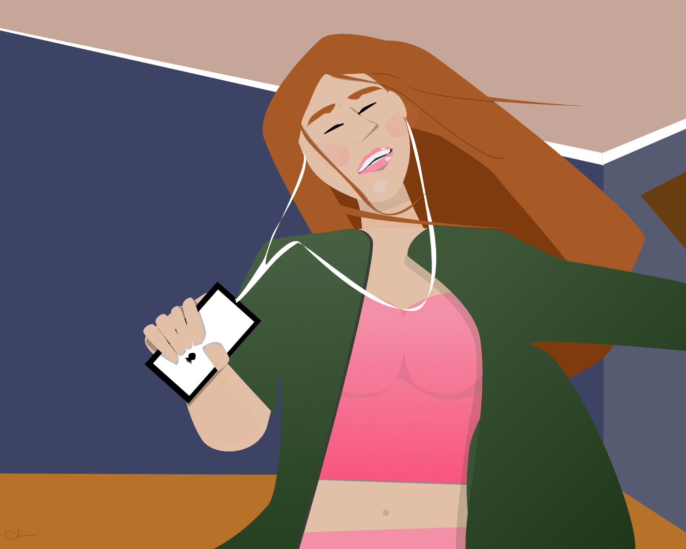 Illustration of a woman dancing joyfully indoors with earbuds in. She has long red hair flowing behind her, eyes closed, and a relaxed smile as she holds a small music player in one hand. She wears a green open cardigan over a pink crop top. The perspective tilts slightly, giving the scene a lively, in-motion feel. Warm tones and minimal shading emphasize movement and energy.