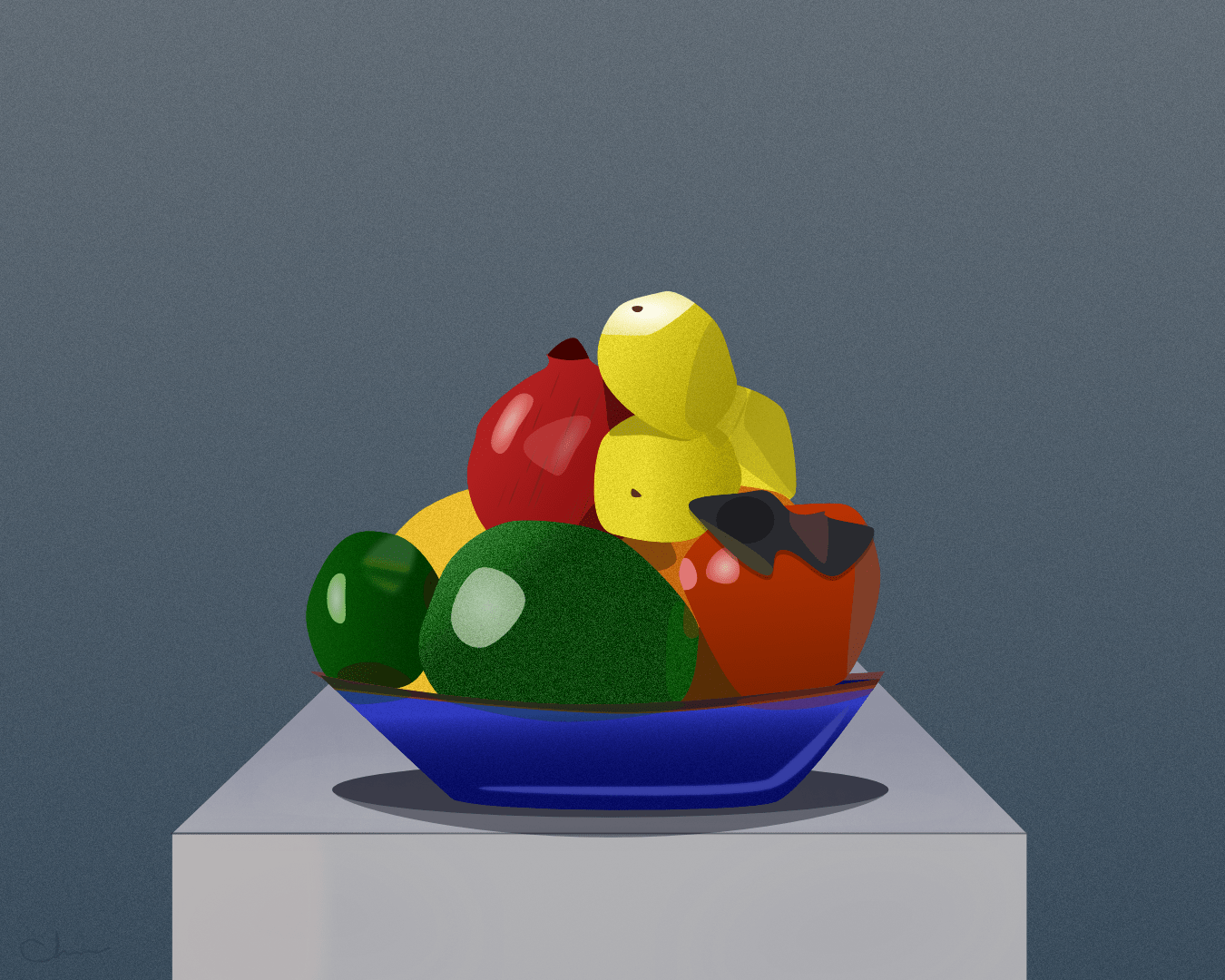 A digital still-life illustration showing a deep blue ceramic bowl filled with assorted fruit, including a pomegranate, pears, an avocado, a green apple, and a persimmon with a dark leafy top. Each fruit has textured shading and soft highlights. The bowl rests on a gray stone-like pedestal with a smooth surface, casting a soft shadow beneath it. The background is a cool, gradient charcoal tone that gives the scene a quiet gallery atmosphere.