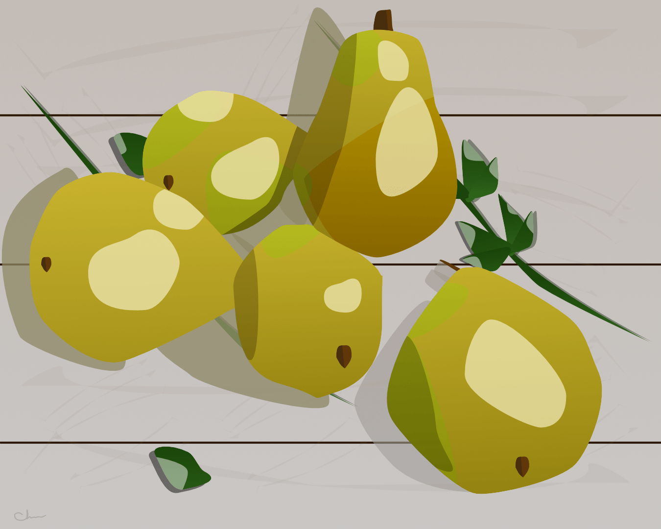 A digital illustration of five yellow pears arranged on a sun-washed wooden surface. Each pear casts a soft shadow toward the bottom-left, and the table shows sun-faded streaks. Small sprigs of green leaves accent the arrangement. The style is clean and stylized, with warm lighting and simple shapes.