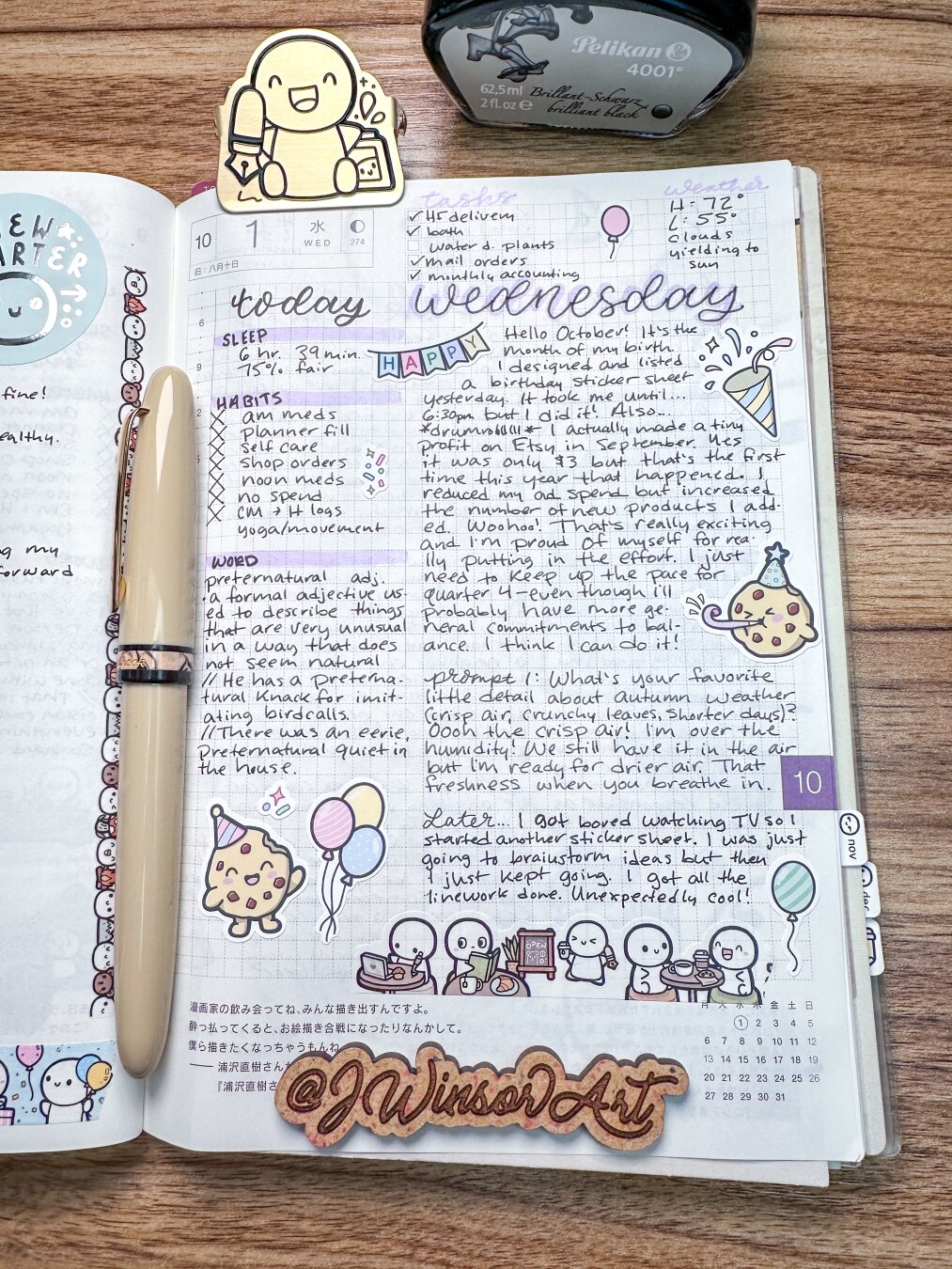 A open planner page showcasing handwritten notes and illustrations. The entries include daily habits, weather details, and personal reflections. Decorative stickers, including a character with a noise maker, balloons, and a wooden tag with “@JWinsorArt".