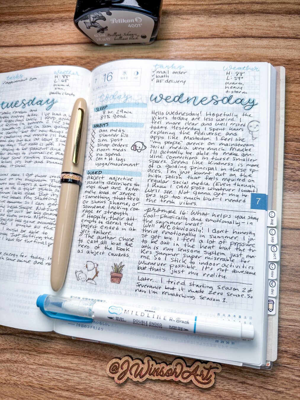 A daily journaling page from a Hobonichi Cousin A5 Avec planner on a wooden desk surface. This page is for July 16th, 2025; a Wednesday. Light blue highlighter for heading accents and black ink for writing content. A few stickers of emotis from TheCoffeeMonsterzCo decorate the page, and a beige fountain pen by Esterbrook lays in the middle.
