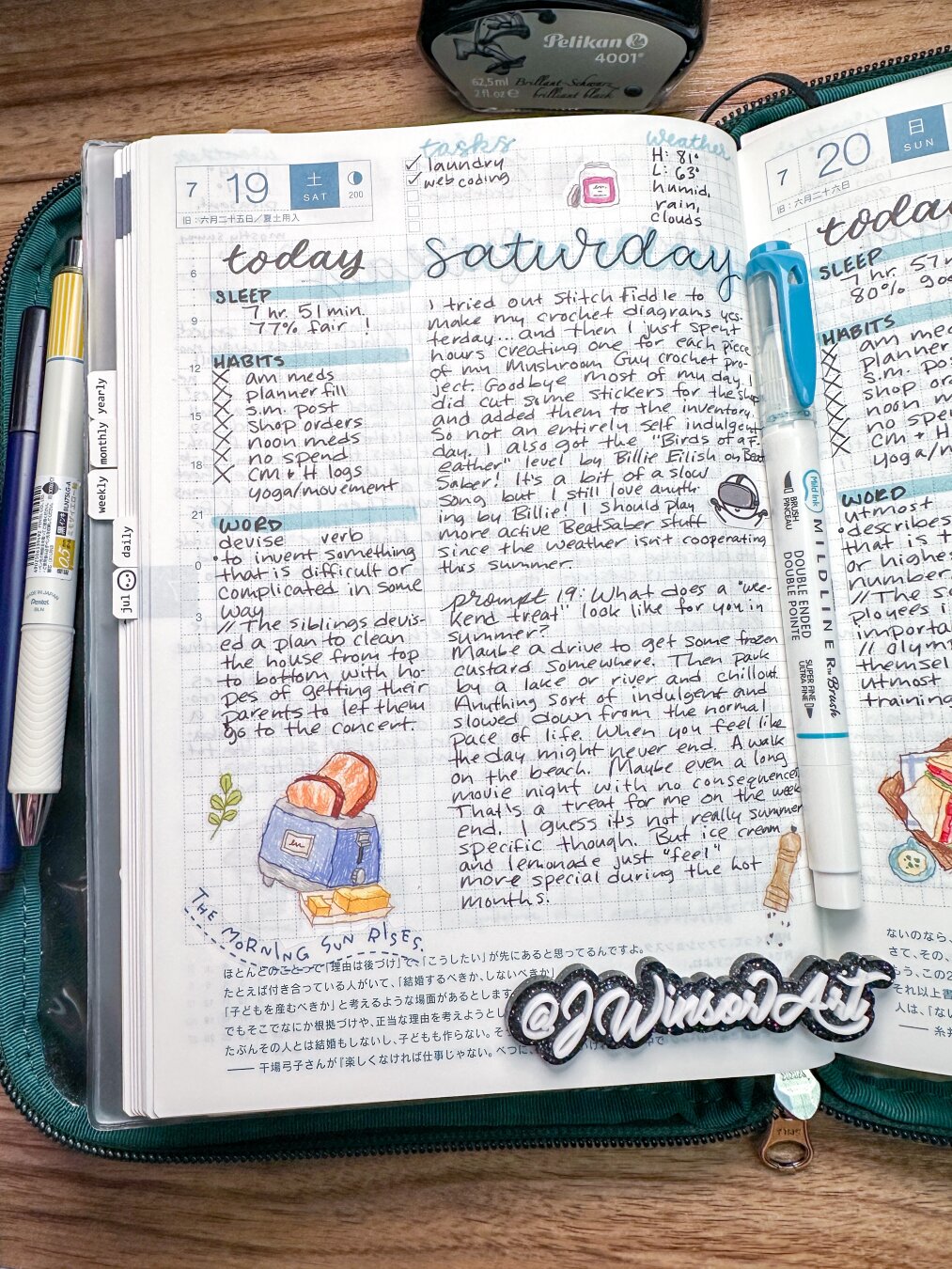 Hobonichi daily journaling page for July 19, 2025. Has light blue brush lettering and breakfast themed stickers on the page. In a dark green POTR zip case.