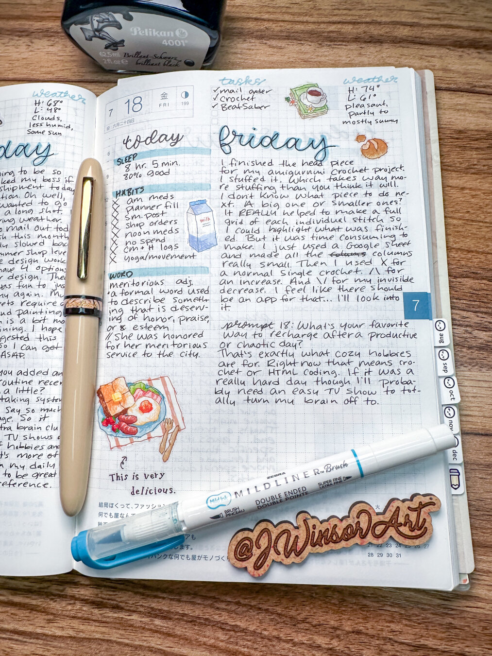 A Hobonichi cousin planner open to a daily journaling page. A fountain pen and ink bottle nearby.