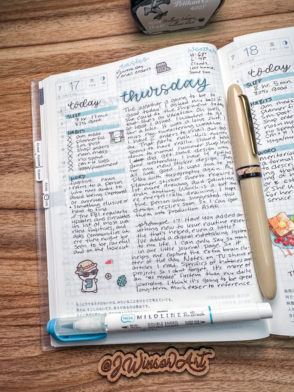 A Hobonichi cousin planner open to a daily journaling page. A fountain pen and ink bottle nearby.