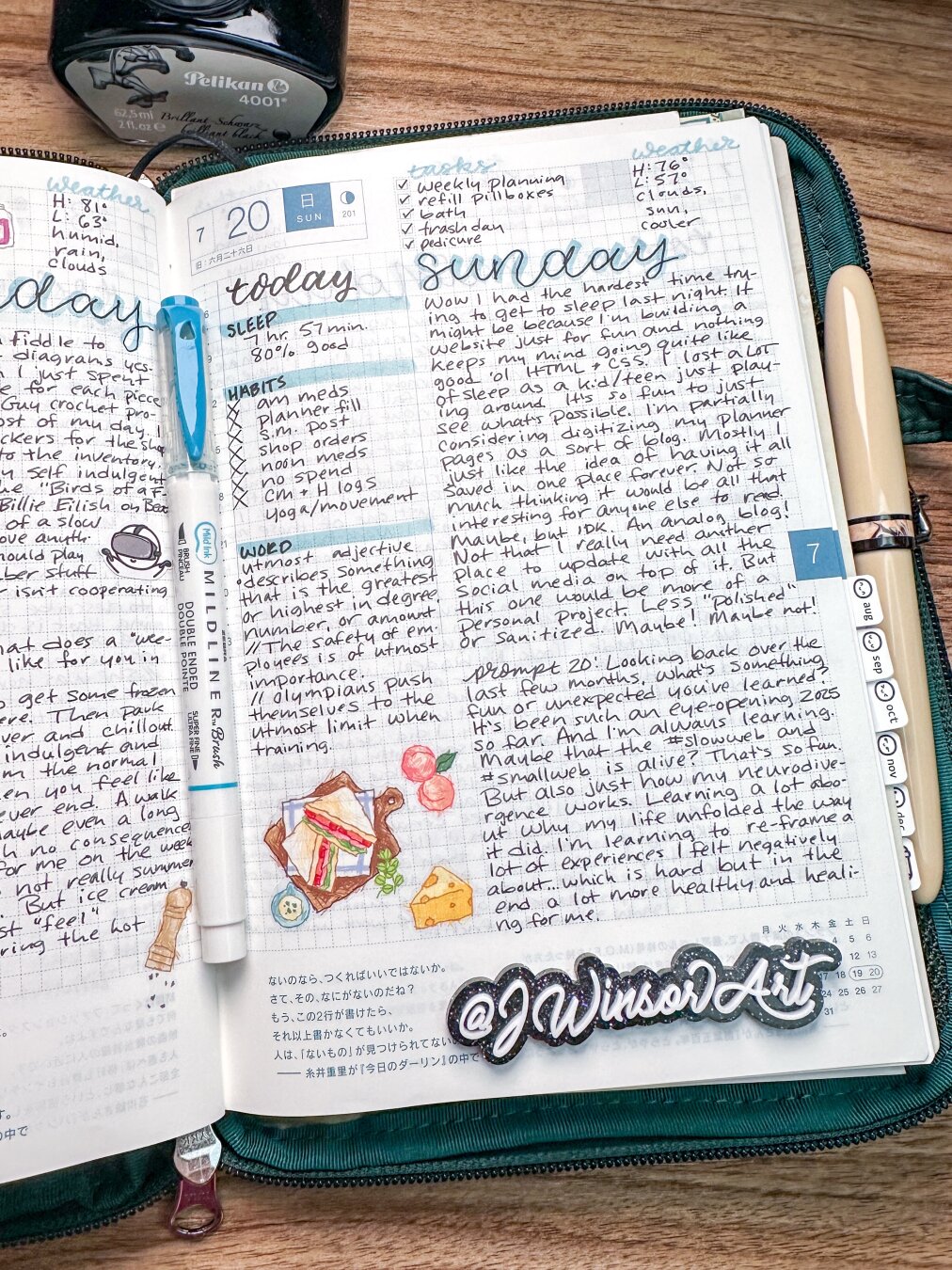 Hobonichi daily journaling page for July 20, 2025. Has light blue brush lettering and breakfast themed stickers on the page. In a dark green POTR zip case.