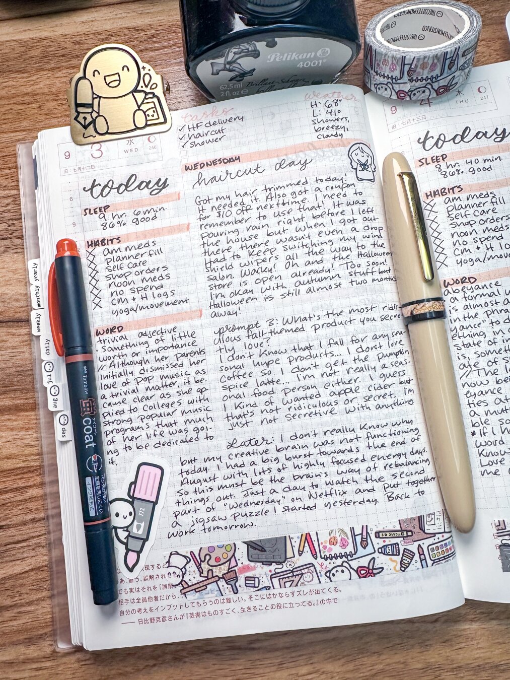 A planner page opened to a Wednesday entry, featuring handwritten notes about daily tasks, habits, and reflections. There are decorative stickers, including a cartoon character and a pink marker. Nearby, a bottle of ink and washi tape are visible on a wooden desktop.