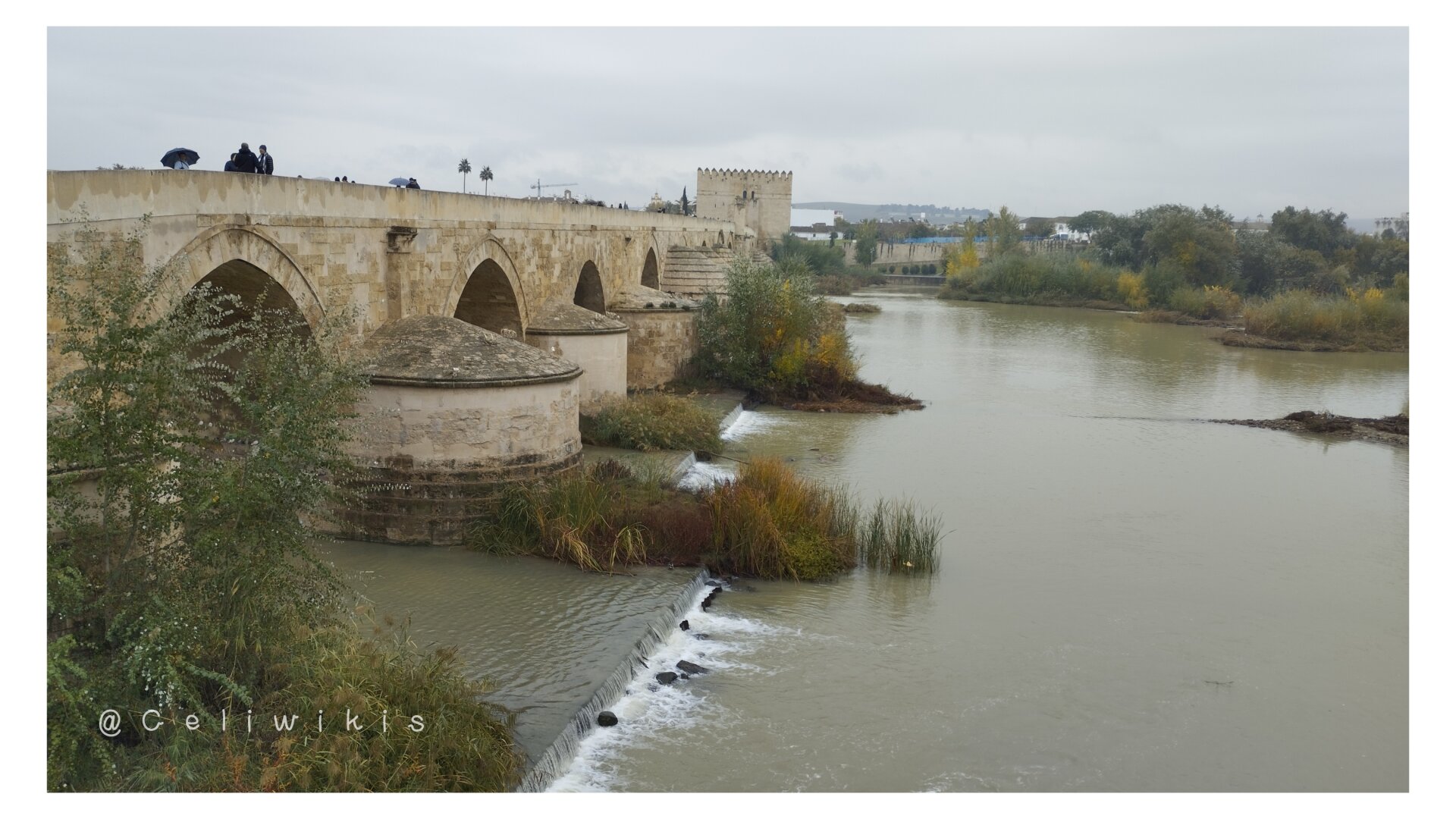 En la mitad izquierda de la imagen se ve el puente romano, con sus contrafuertes y vegetación media-alta. La otra mitad es para el río. El cielo está gris, llueve levemente