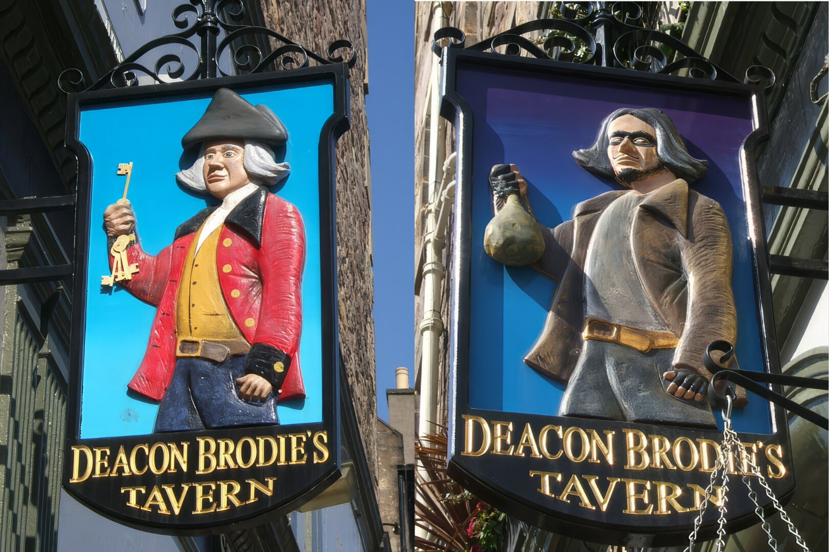 Pub sign showing Deacon Brodie as a gentleman on one side and as a thief on the other.
