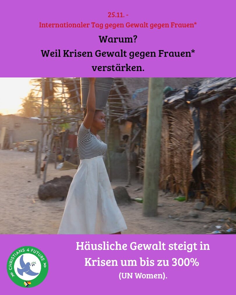 Frau geht bei Sonnenuntergang an einem einfachen Haus vorbei; zwei Hühner im Vordergrund. Text auf der Grafik: „25.11. – Internationaler Tag gegen Gewalt gegen Frauen*. Warum? Weil Krisen Gewalt gegen Frauen* verstärken. Häusliche Gewalt steigt in Krisen um bis zu 300% (UN Women).“ Logo unten links.