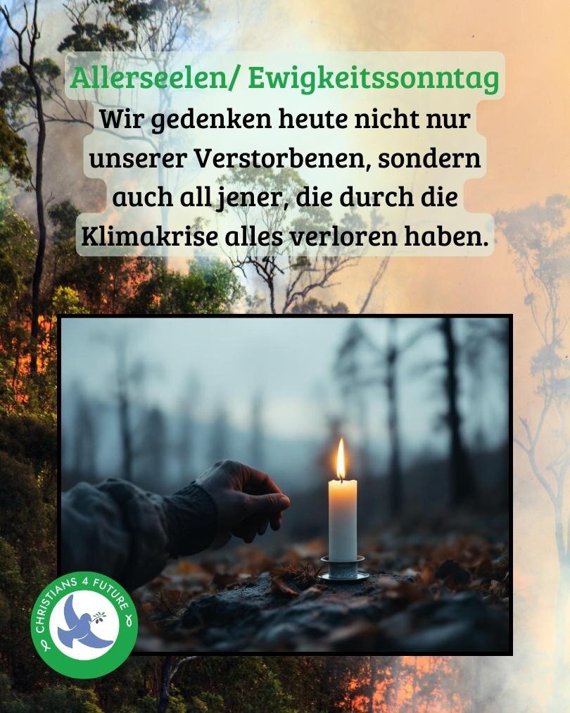 Grafik zu Allerseelen/ Ewigkeitssonntag: Oben Textfeld mit der Überschrift „Allerseelen“ und dem Hinweis, heute der Verstorbenen und der durch die Klimakrise Betroffenen zu gedenken. Darunter Foto einer brennenden Kerze auf Waldboden neben einer ausgestreckten Hand; im Hintergrund nebliger Wald. Links unten ein rundes grünes Logo mit Taube.
