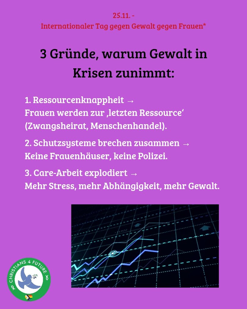 Lila Infoposter zum 25.11., Internationaler Tag gegen Gewalt gegen Frauen. Überschrift: „3 Gründe, warum Gewalt in Krisen zunimmt“. Drei Listenpunkte: 1) Ressourcenknappheit – Frauen als „letzte Ressource“ (Zwangsheirat, Menschenhandel). 2) Schutzsysteme brechen zusammen – keine Frauenhäuser, keine Polizei. 3) Care-Arbeit explodiert – mehr Stress, mehr Abhängigkeit, mehr Gewalt. Unten ein kleines Diagramm mit blauer Kurve auf schwarzem Hintergrund; Logo links unten.