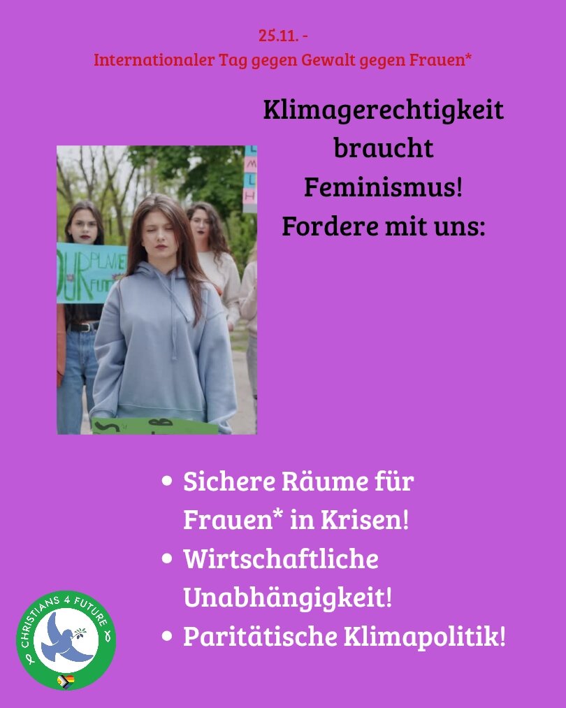 Plakat in lila: Links ein Foto junger Demonstrierender mit Klimaschildern, rechts schwarze Überschriften „Klimagerechtigkeit braucht Feminismus! Fordere mit uns:“ und darunter drei weiße Aufzählungen zu sicheren Räumen, wirtschaftlicher Unabhängigkeit und paritätischer Klimapolitik; unten links ein rundes Logo.