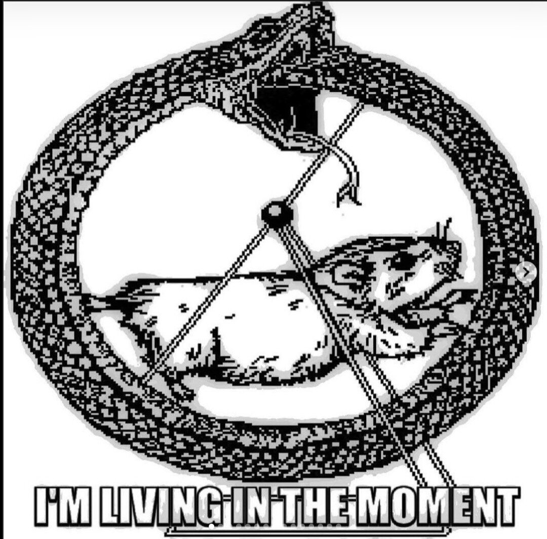 The ourobouros snake with a rat runing into it like in a cage. Text : "I'm living in the moment".

Le serpent ourobouros avec un rat courant à l'intérieur comme dans une cage. Le texte dit : "je vis l'instant présent"