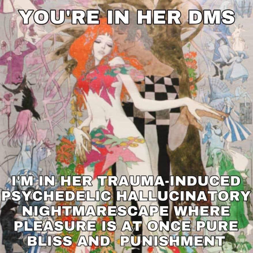 You're in her DMs I'm in her trauma-induced psychedelic hallucinatory nightmarescapes where pleasure is at once pure bliss and punishment