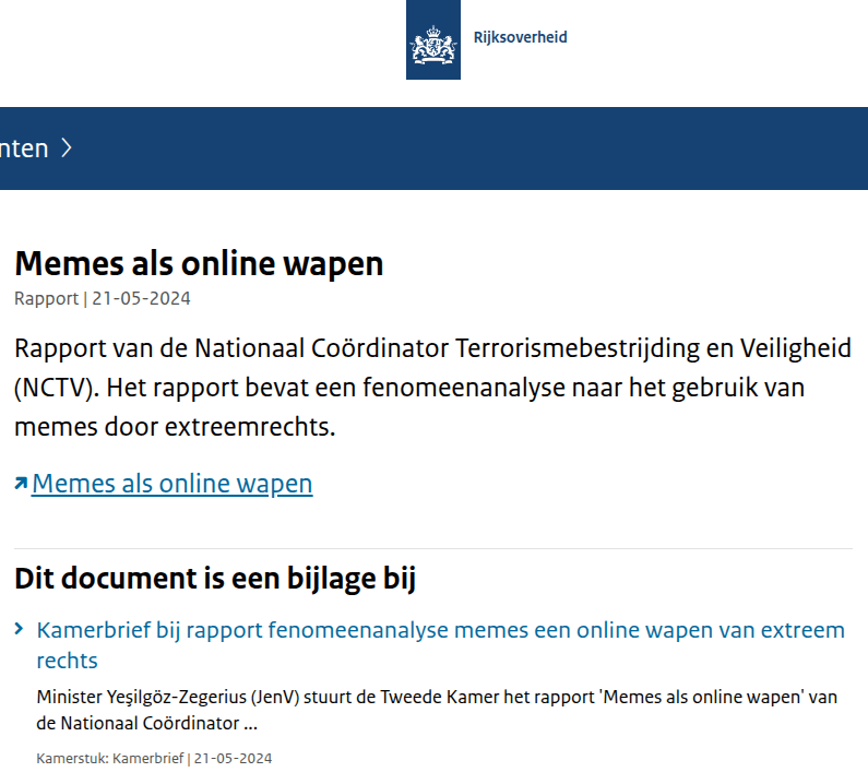 Screenshot van de website van de Rijksoverheid waarin de AIVD waarschuwt voor memes als online wapen gebruikt door extreemrechts