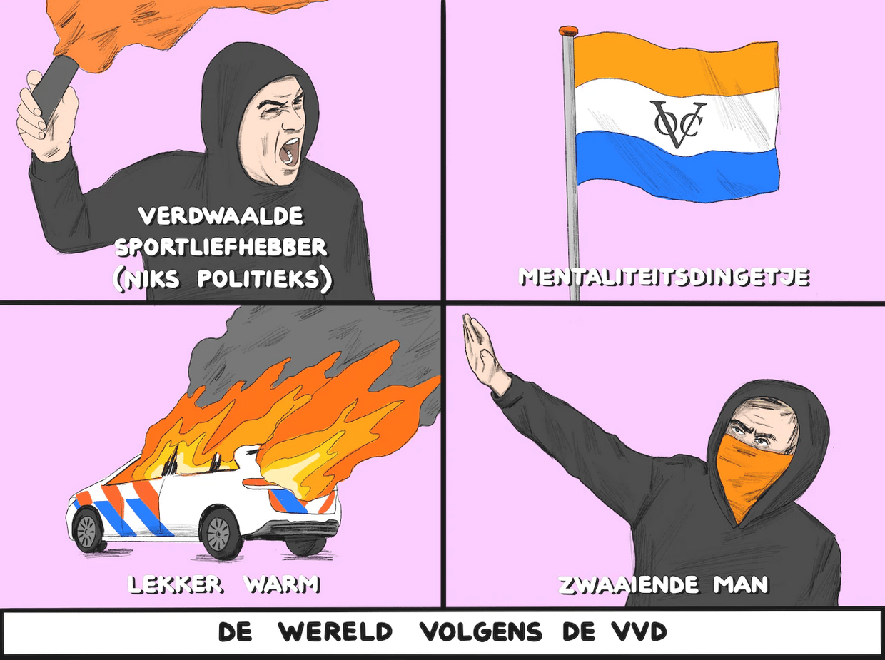 'Bezorgde burgers'
[Foto van extreemrechts die vuurwerkbommen naar een gebouw gooien]

'Terroristen(aanhangers)'
[Foto van vreedzame pro-Palestina-demonstranten op een metrostation in Rotterdam]