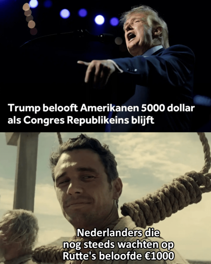 Trump belooft Amerikanen 5000 dollar als congres Republikeins blijft
Nederlanders die nog steeds wachten op Rutte's beloofde 1000 euro...