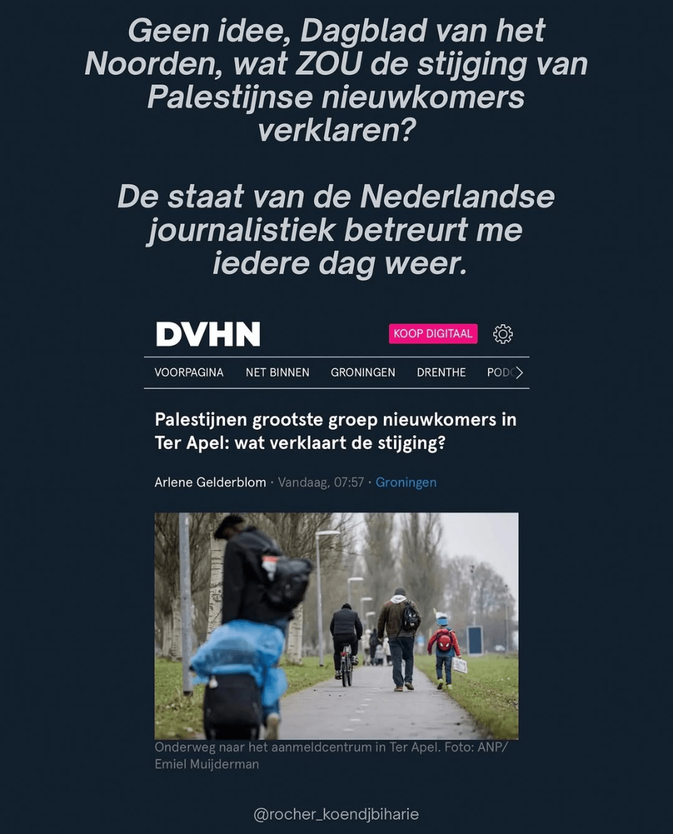 Screenshot van Dagblad van het Noorden:
'Palestijnen grootste groep nieuwkomers in Ter Apel, wat verklaart de stijging?'

Caption:
Geen idee, Dagblad van het Noorden, wat ZOU de stijging van Palestijnse nieuwkomers verklaren? De staat van de Nederlandse journalistiek betreurt me iedere dag weer.