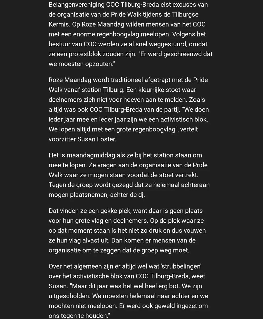 Screenshot van artikel van Omroep Brabant waarin de gemeente Tilburg te kennen geeft dat er geen plaats is voor politieke boodschappen tijdens "hun" Roze Maandag en daarom het COC niet hun regenboogvlag mochten uitvouwen