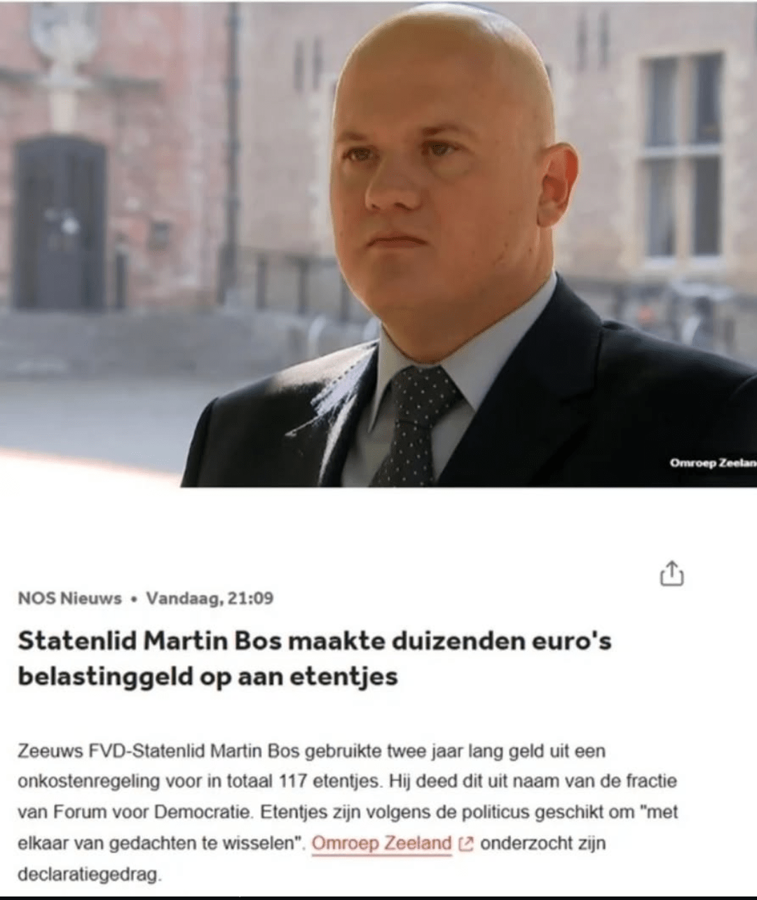 Statenlid Martin Bos maakte duizenden euro's belastinggeld op aan etentjes

Zeeuws FvD-statenlid Martin Bos gebruikte twee jaar lang geld uit een onkostenregeling voor in totaal 117 etentjes. Hij deed dit uit naam van de fractie van Forum voor Democraties. Etentjes zijn volgens de politicus geschikt om "met elkaar van gedachten te wisselen". Omroep Zeeland onderzocht zijn declaratiegedrag.