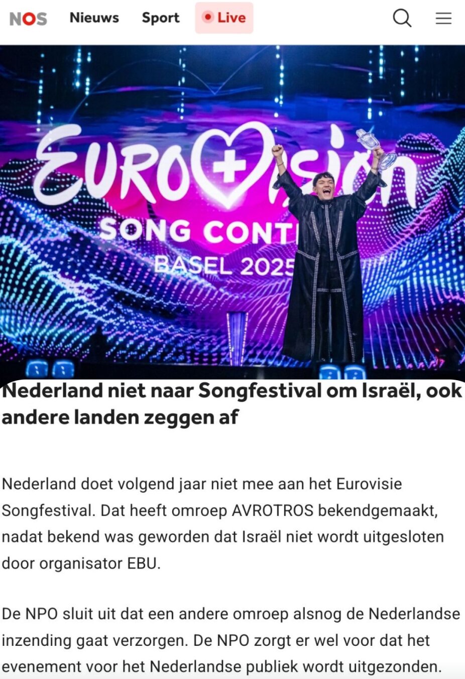 NOS headline: Nederland niet naar songfestivalom Israël, ook andere landen zeggen af