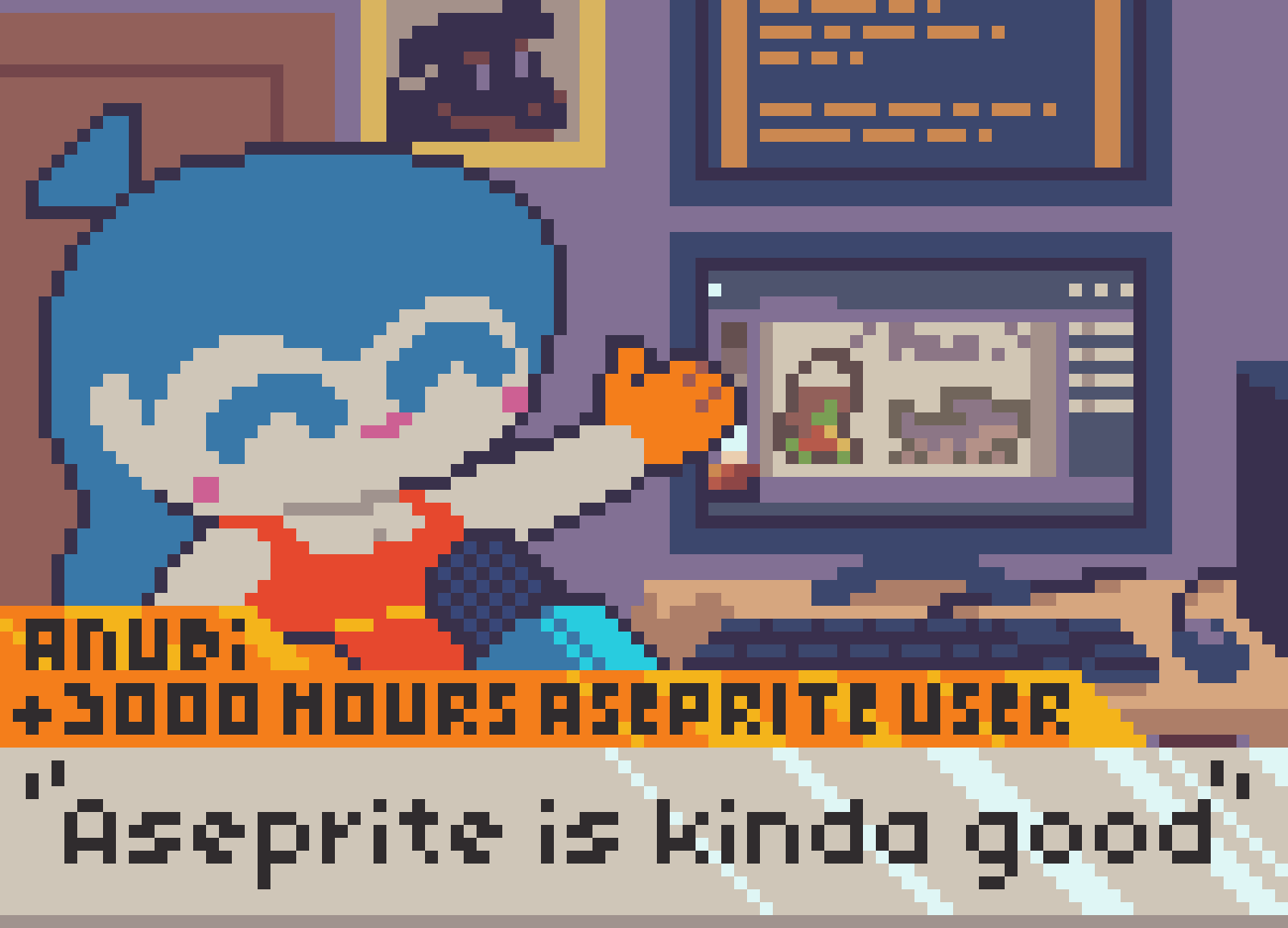 A Pixel Art featuring Anubi the Clown, doing an interview. She's pointing at her pc monitor which shows a drawing, while saying (according to the news graphics below) "Aseprite is kinda good". These also show that she has over 3000 hours in Aseprite.