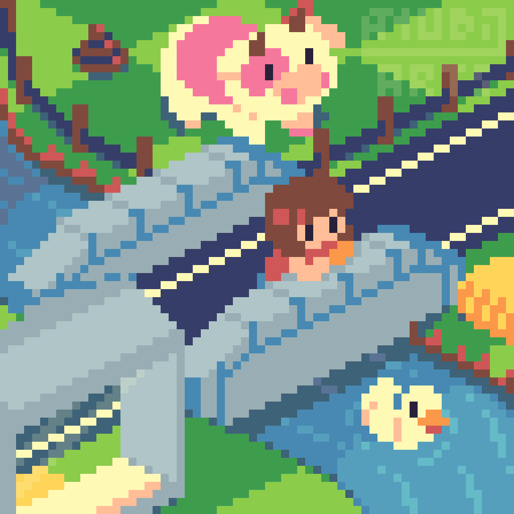 A Pixel Art scene featuring a character looking from a bridge towards the river in front of her, where a duck is swimming by. There's a bus stop and a big, pink cow that did a big poopie around the borders.