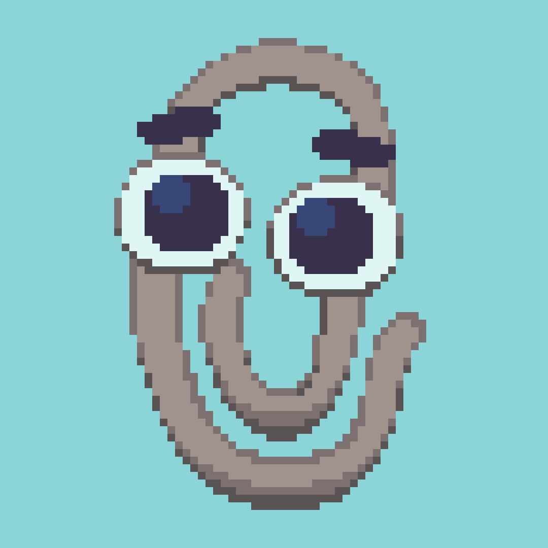 A Pixel Fanart of Clippy, who's looking at the viewer in a cartoony style.