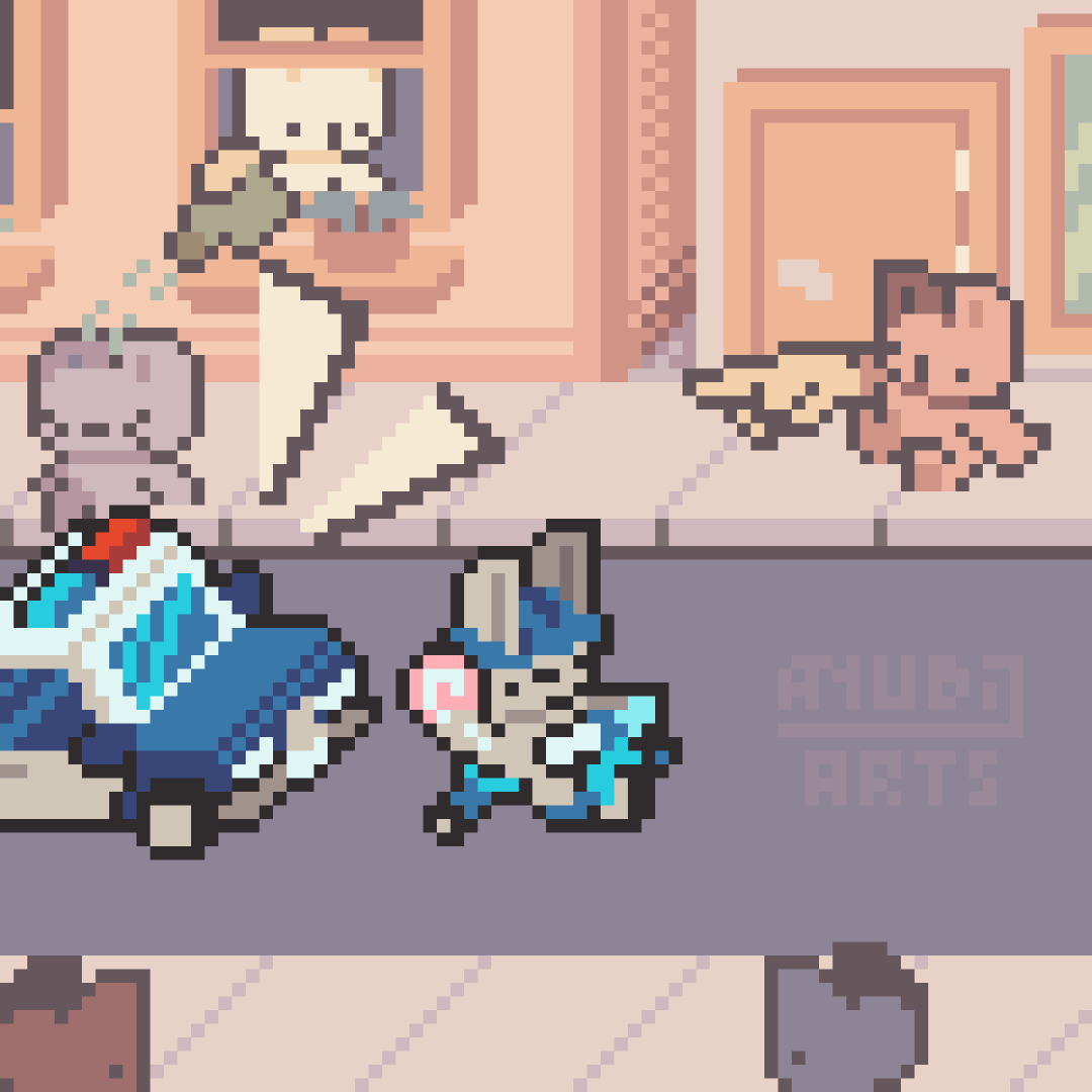 A Pixel Art featuring a bunny in a tricycle, holding a lollipop while running from a cop car behind them. There's people all around the scene shocked by this very slow chase.