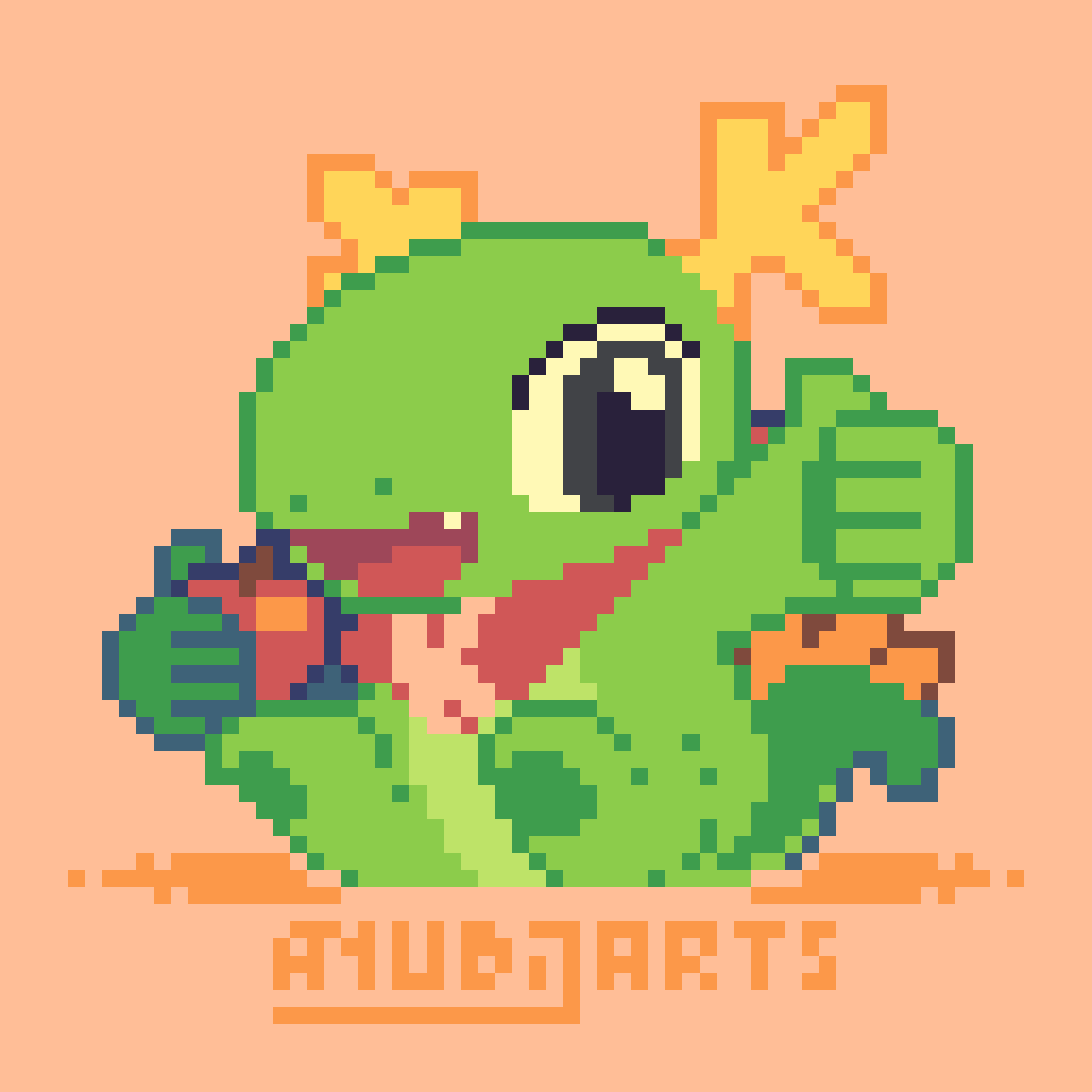 A Pixel Fanart of Konqi, the KDE Mascot. He's holding an apple with one hand while doing a big thumbs up with the other. He's also smilling.