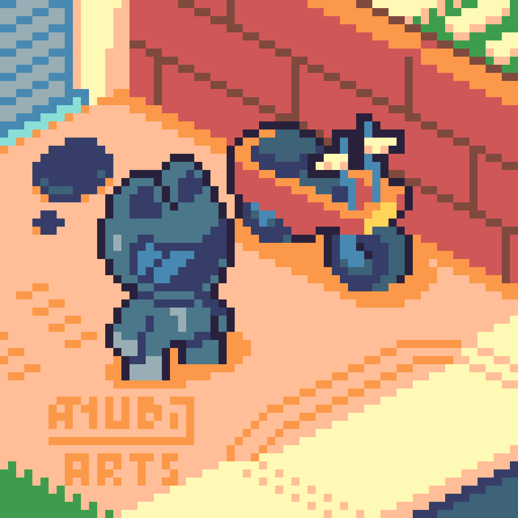 A Pixel Art scene featuring a tiny character with a bike helmet that has cat ears, about to go in a motocompo waiting at their side.