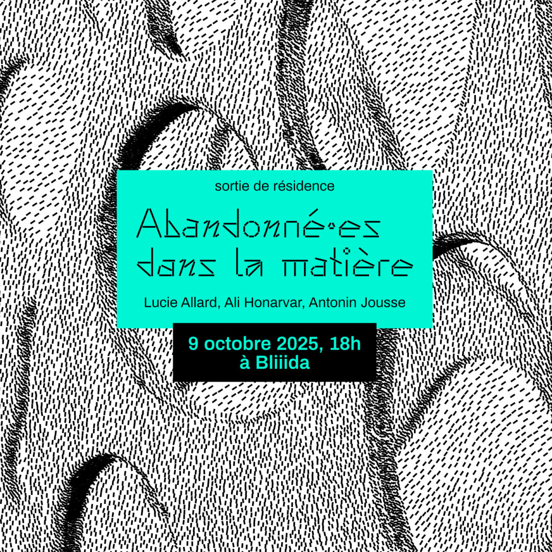 affiche de la sortie de résidence "abandonnées dans la matière" avec lucie allard, ali honarvar, antonin jousse